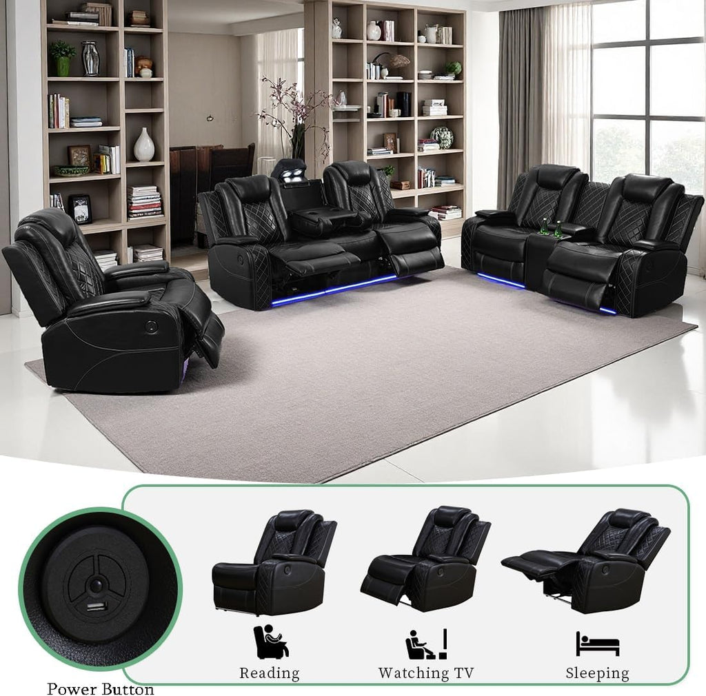Power Recliner Sofa Sets, Living Room Furniture Sets, Black Modern Power Reclining Sofa, Loveseat and Chair with Cup Holders/Storage Console/LED Light for Living Room