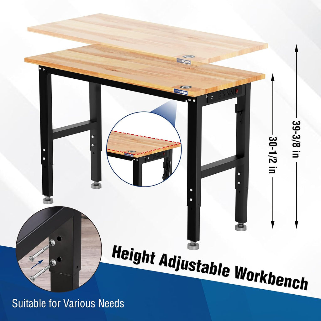 WORKPRO Garage Workbench, 48'X22' Adjustable Workbench with Wheels and Leveling Foot, Rubber Wood Top Work Desk with Power Outlets, 1500 LBS Workbenches for Garage, Workshop, Home