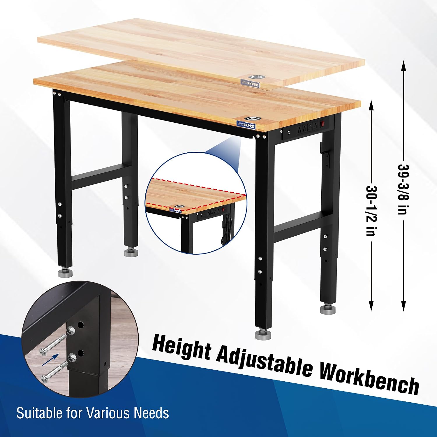 WORKPRO Garage Workbench, 48'X22' Adjustable Workbench with Wheels and Leveling Foot, Rubber Wood Top Work Desk with Power Outlets, 1500 LBS Workbenches for Garage, Workshop, Home