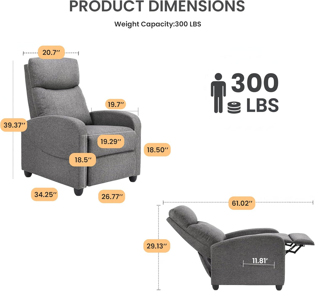 HealSmart Adjustable Push Back Recliner Chair, Soft Fabric Lounge Sofa for Reading & Relaxing, Perfect Home Theater Chair for Living Room & Bedroom, Grey