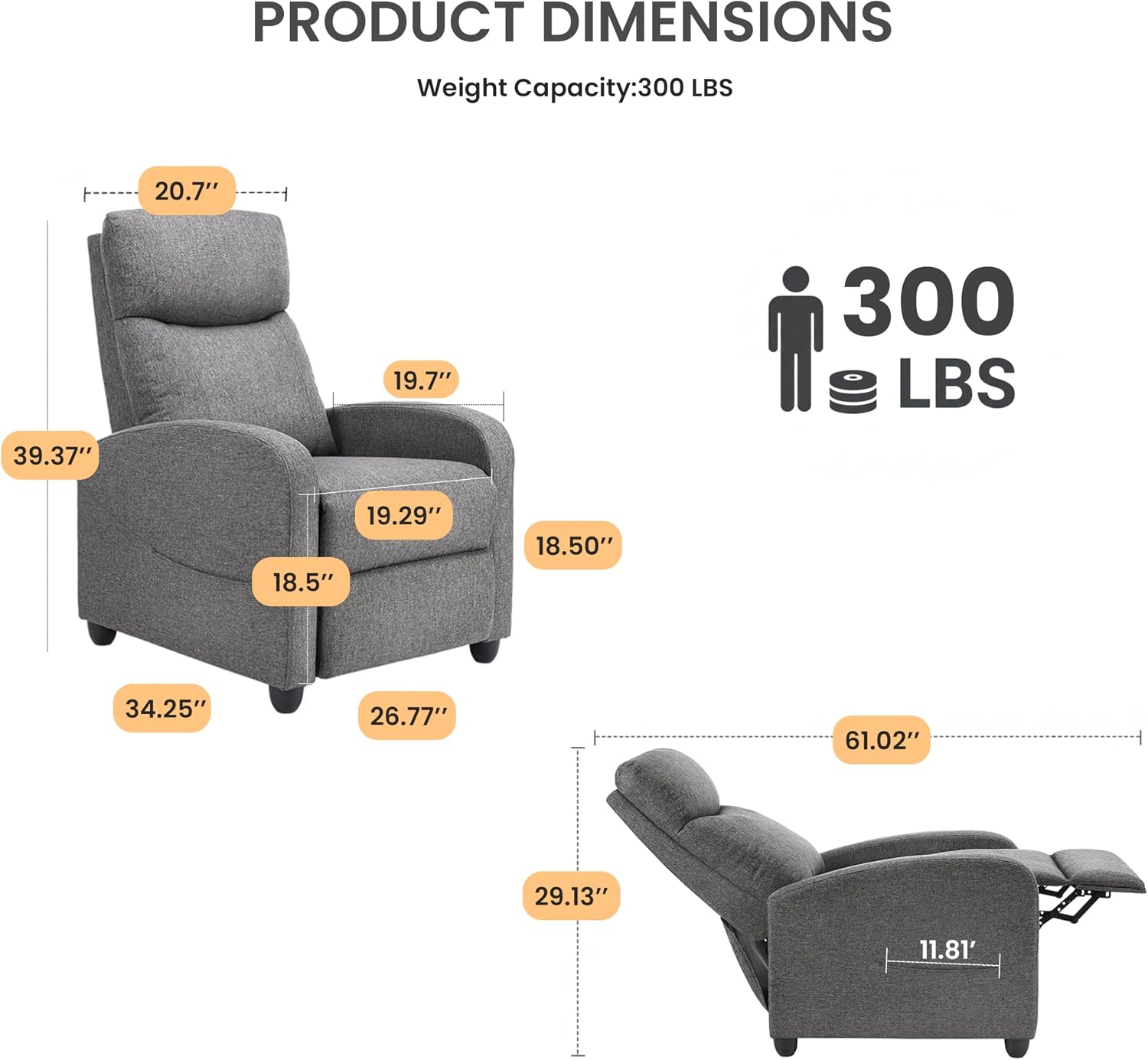 HealSmart Adjustable Push Back Recliner Chair, Soft Fabric Lounge Sofa for Reading & Relaxing, Perfect Home Theater Chair for Living Room & Bedroom, Grey