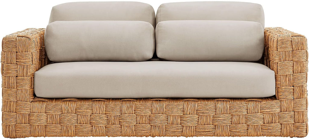 Modway Thames Wicker Rattan Outdoor Loveseat in Natural Light Gray - UV-Resistant Patio Furniture 2-Seater Basket-Weave Sofa Couch - Deep Seat Patio Cushions with 2 Throw Pillows for Backyard, Deck