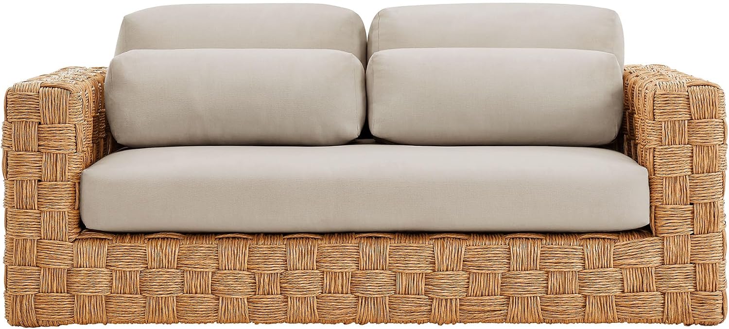 Modway Thames Wicker Rattan Outdoor Loveseat in Natural Light Gray - UV-Resistant Patio Furniture 2-Seater Basket-Weave Sofa Couch - Deep Seat Patio Cushions with 2 Throw Pillows for Backyard, Deck