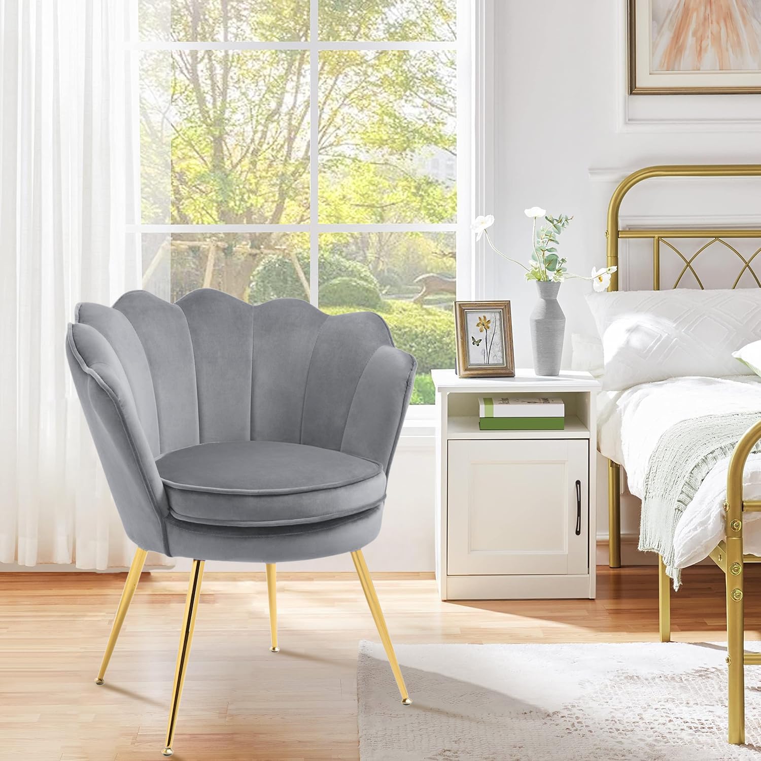 Czlolo Accent Chairs Set of 2 for Living Room, Velvet Upholstered Makeup Room Vanity Chair with Back, Golden Metal Legs Small Accent Side Chair for Bedroom, Cloud Chair Set, 2 Pcs Light Grey