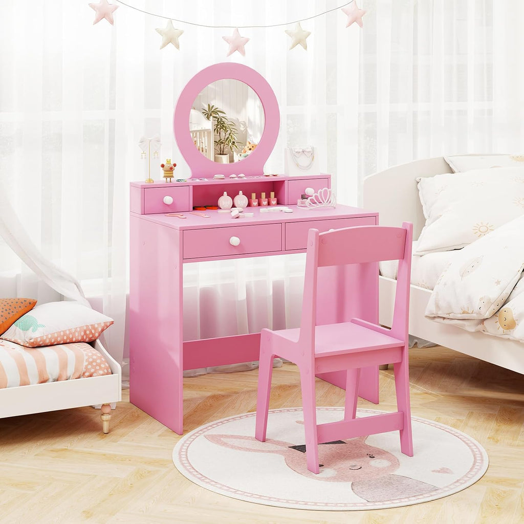 HONEY JOY Kids Vanity, Little Girls Vanity Set with Mirror and Stool, Drawers, Toddler Makeup Vanity Dressing Table, Wooden Pretend Play Kids Vanity Table and Chair Set (Pink)