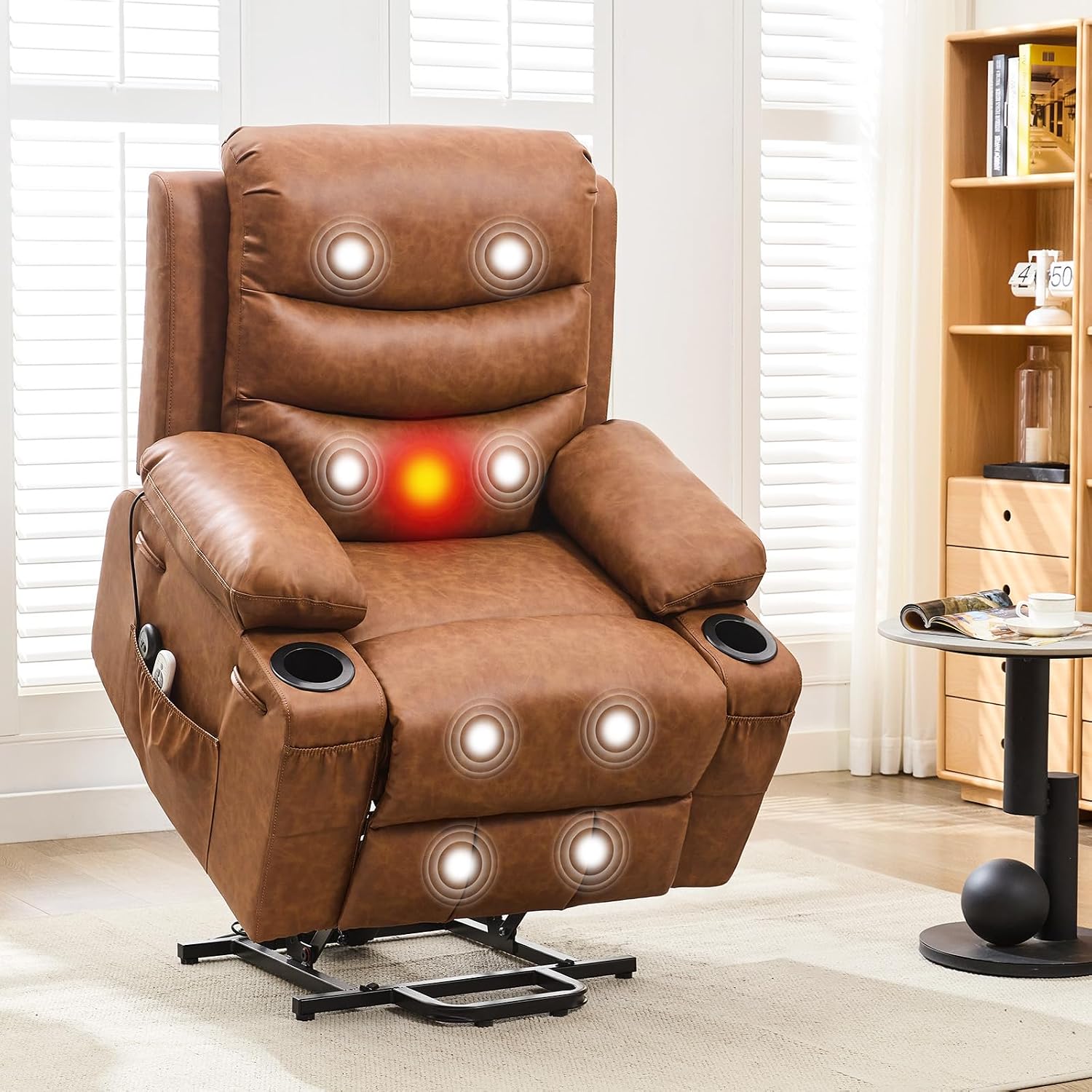 GarveeHome Power Lift Recliner Chair for Elderly, Oversized Electric Lift Chair with Heat and Massage, PU Leather Adjustable Recliner with Cup Holders & Side Pocket for Living Room, Brown