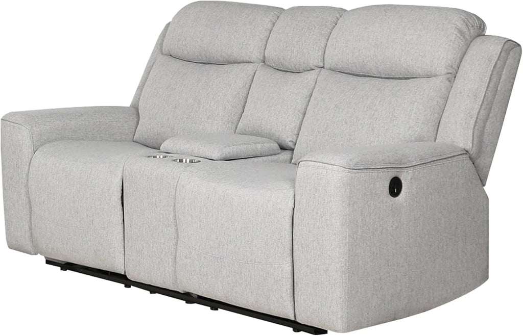 AC Pacific Amelia Upholstered Recliner Loveseat with Storage Console and Cup Holders, Living Room Furniture with Stylish, Comfortable, and Versatile Design for Modern Homes, White