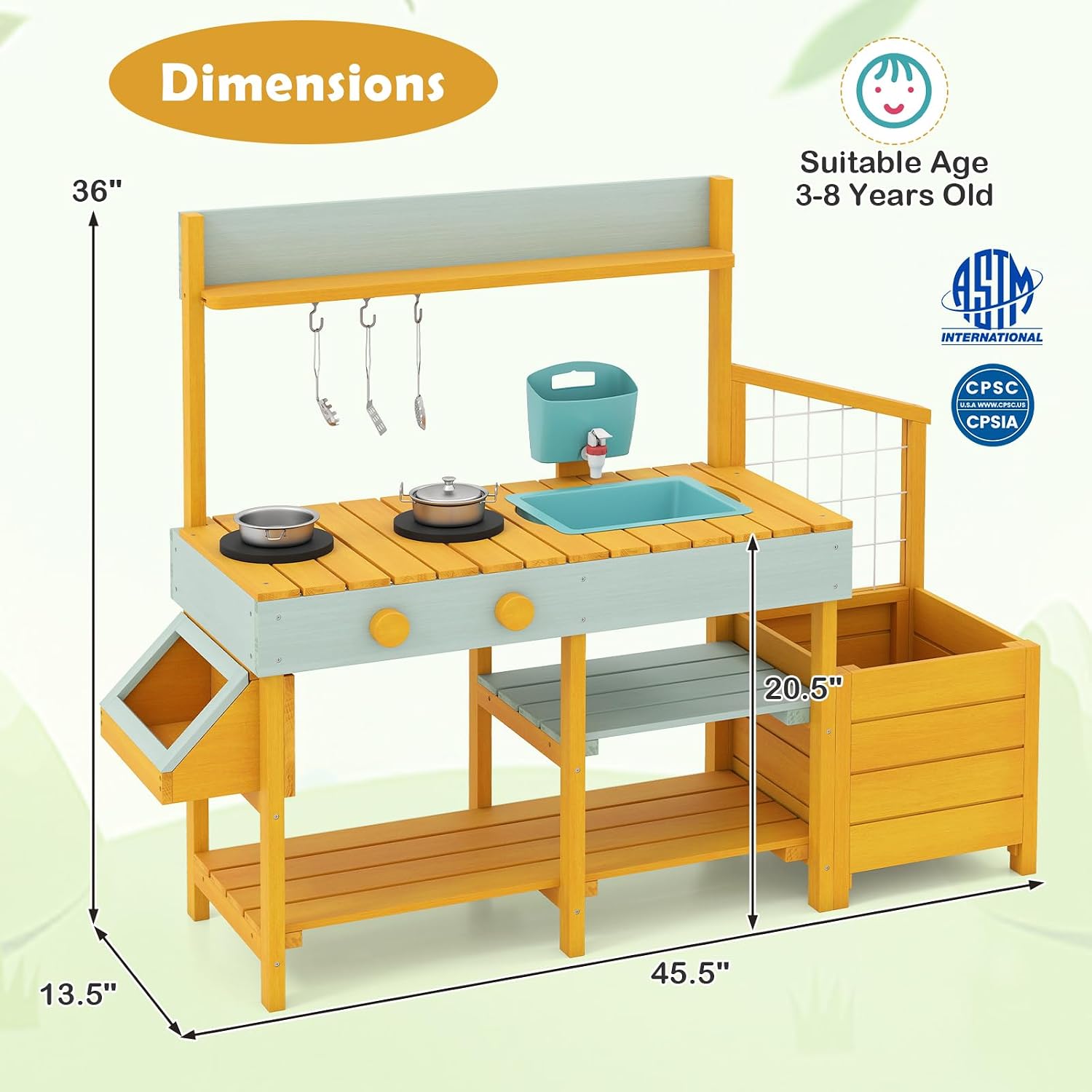 Costzon Mud Kitchen, Wooden Kids Potting Bench w/Removable Faucet, Sink, Stoves, Rotation Knobs, Planter Boxes, Trellis & Cooking Accessories, Mud Kitchen for Kids Outdoor 3-8 (Yellow)
