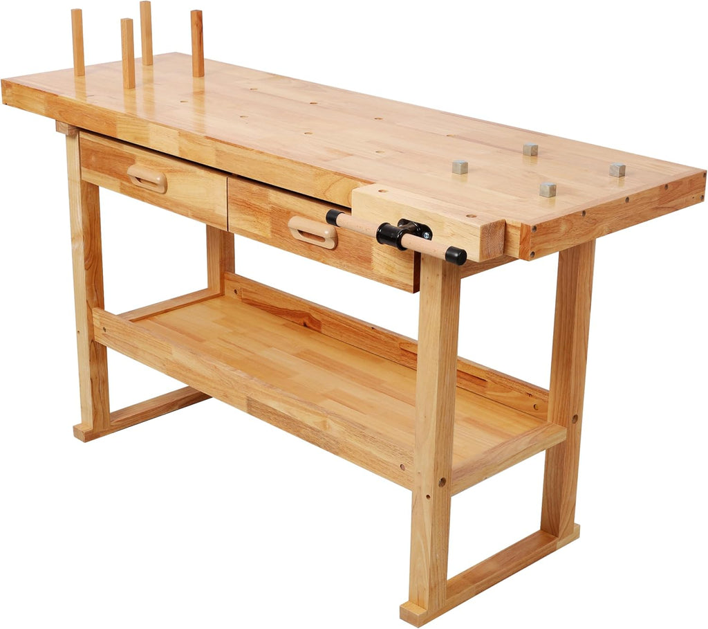 Montary 60' Professional Rubberwood Workbench with 2 Drawers & Open Shelf, Natural Finish Work Bench with Adjustable Handle for Garage, Woodworking Carpenter Workshop & Home Use