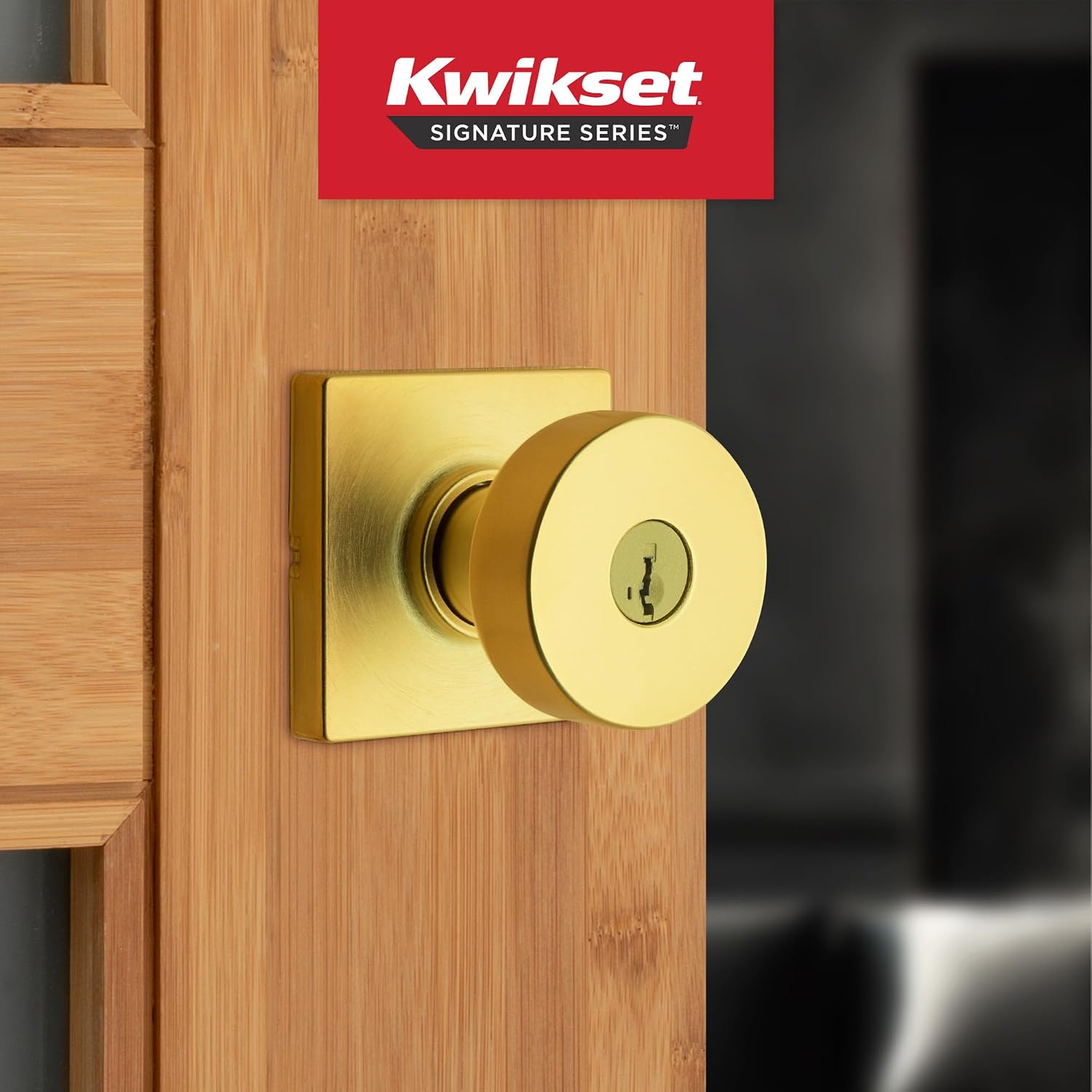 Kwikset Pismo Entry Door Knob with Lock and Key, Secure Keyed Handle Exterior, Front Entrance and Bedroom, Satin Brass, 4 Pack, Pick Resistant SmartKey Rekey Security