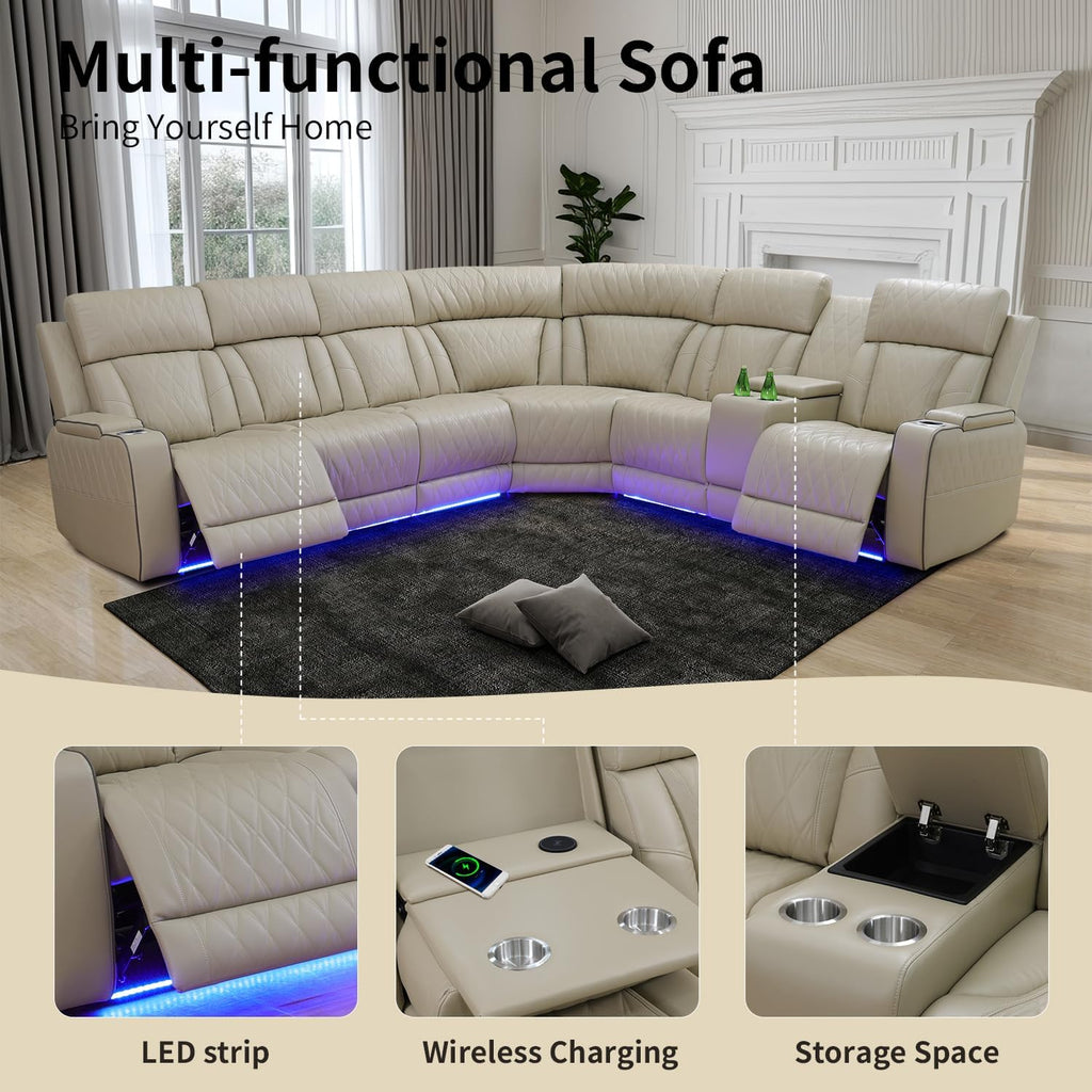 Power Recliner Sofa Sectional Couch with LED Light for Living Room,Leather Reclining Corner Sectional Sofa with 2 Recliner Seats,Cup Holder,Storage Console for House/Home Theater, Paddy