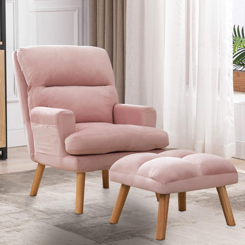 INZOY Accent Chairs with Ottoman, Modern Comfy Chair with Adjustable Backrest and Side Pockets, Velvet Fabric Armchair with Ottoman for Bedroom Living Room (Pink)