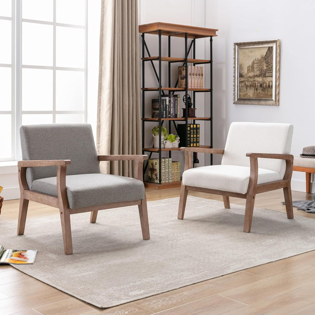 BESTANO Mid Century Modern Accent Chair Set of 2, Linen Upholstered Living Room Accent Armchair with Wood Frame, Farmhouse Chair for Living Room Bedroom, Ivory