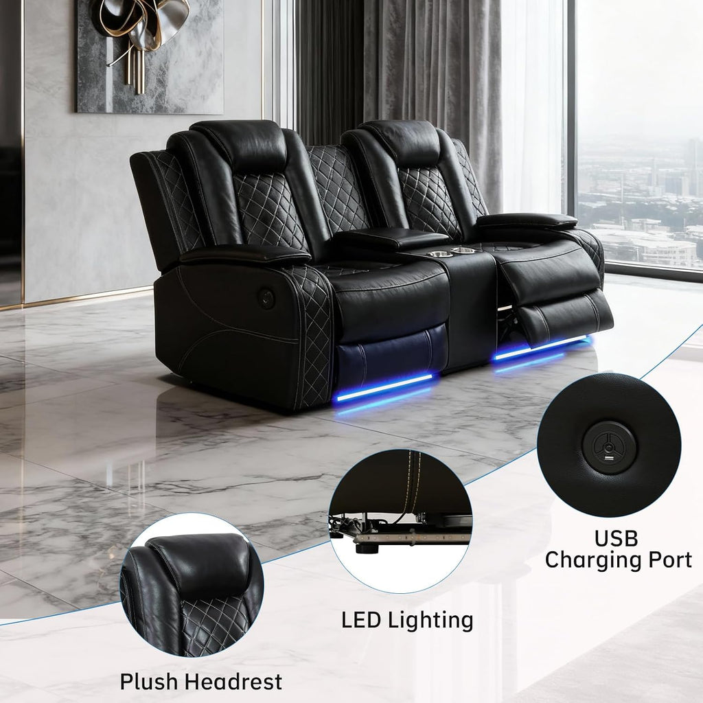 Living Room Furniture Sets, Power Recliner Sectional Sofa with LED Lights, Leather Couch Set, Reclining Loveseat for Living Room, Home Theater,and Office (2-Seater Loveseat, Black)