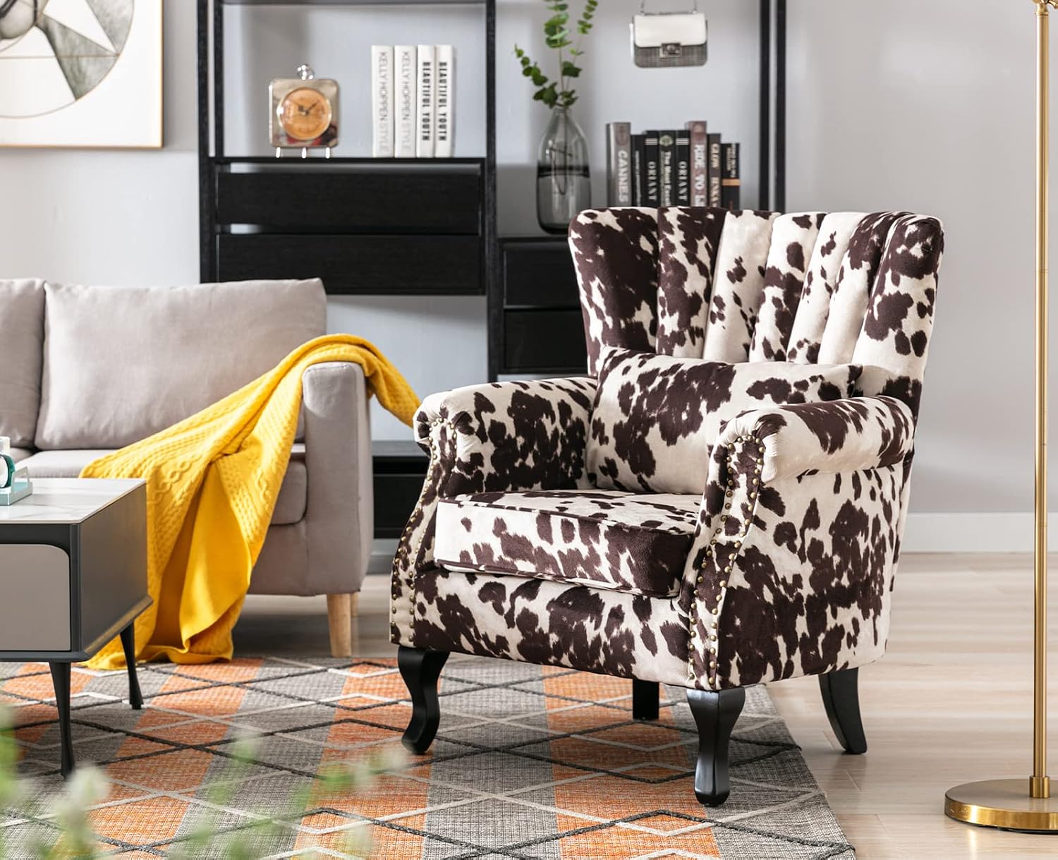 Kmax Cow Print Accent Chair Velvet Wingback Chair with Pillow Nail-Head Channel Tufted Oversized Club Chair for Living Room Bedroom Guest Room