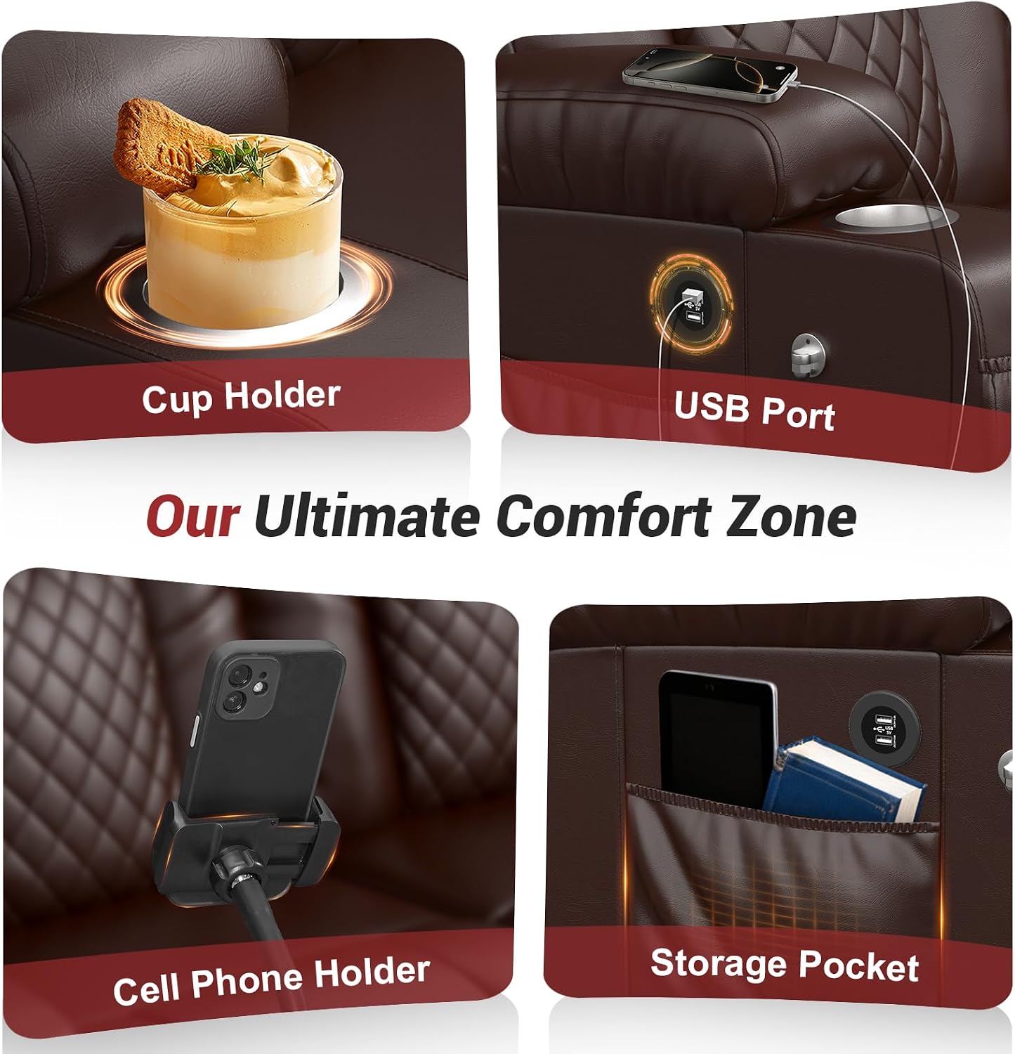 FURNIMAT Loveseat Recliner Sofa, 2 Seater Reclining Loveseat Sofa, PU Leather RV Loveseat Couch, Recliner Chair for Living Room, with Cup Holder and 2 Cell Phone Holder, USB Ports, Brown