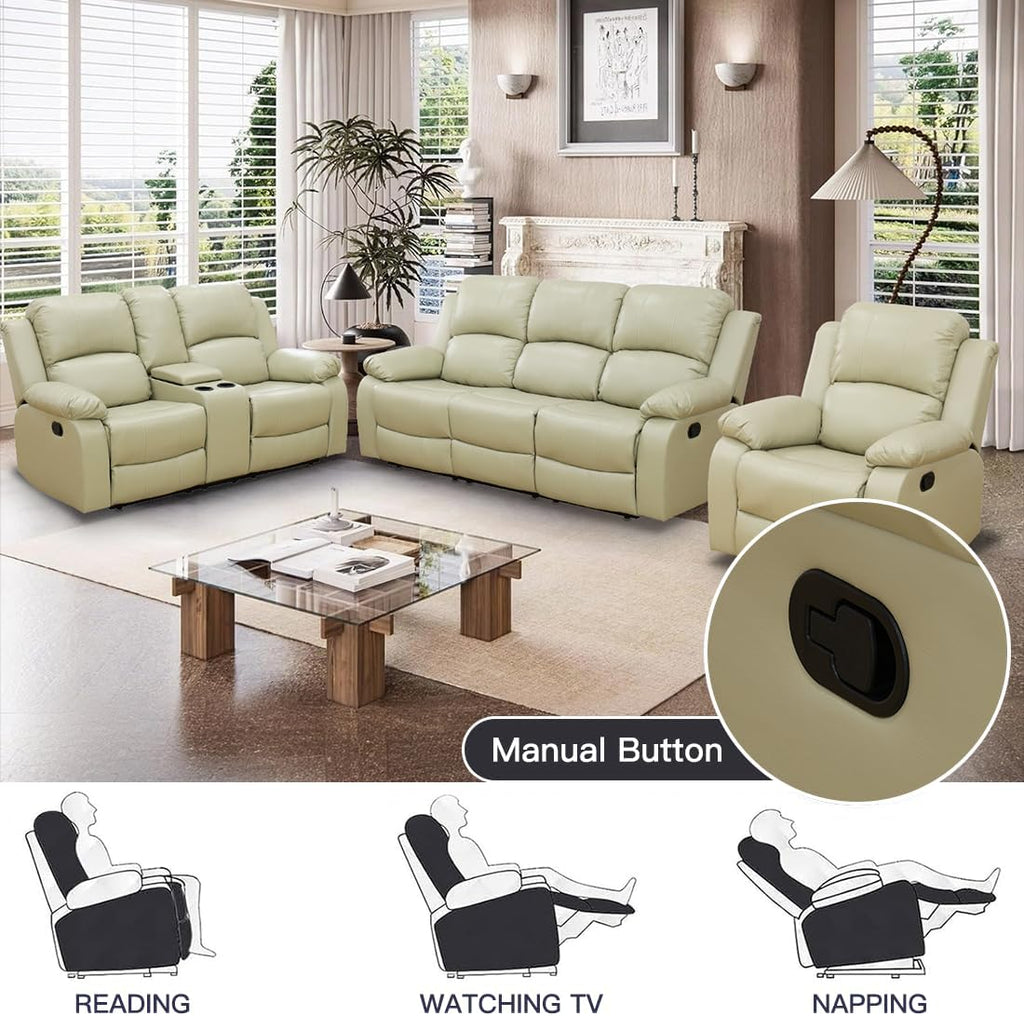 Manual Reclining Couch Sofa Set with Drop-Down Table, 3 Pieces Beige Leather Recliner Couch Sets, Living Room Furniture Sets, Recliner Sofa with Storage Console/Cup Holder for Home/Apartment