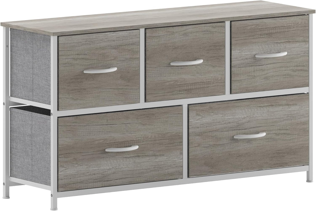 Flash Furniture Harris 5 Drawer Storage Dresser, Cast Iron Frame, Engineered Wood Top and Easy Pull Non-Woven Fabric Drawers with Wooden Handles, White/Light Natural