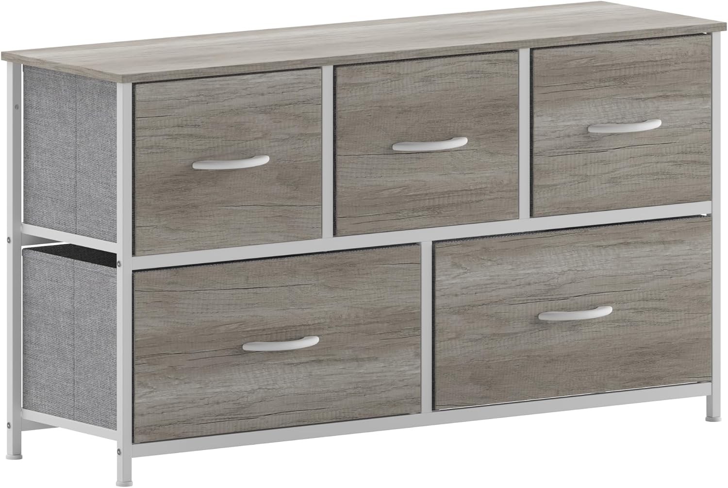 Flash Furniture Harris 5 Drawer Storage Dresser, Cast Iron Frame, Engineered Wood Top and Easy Pull Non-Woven Fabric Drawers with Wooden Handles, White/Light Natural