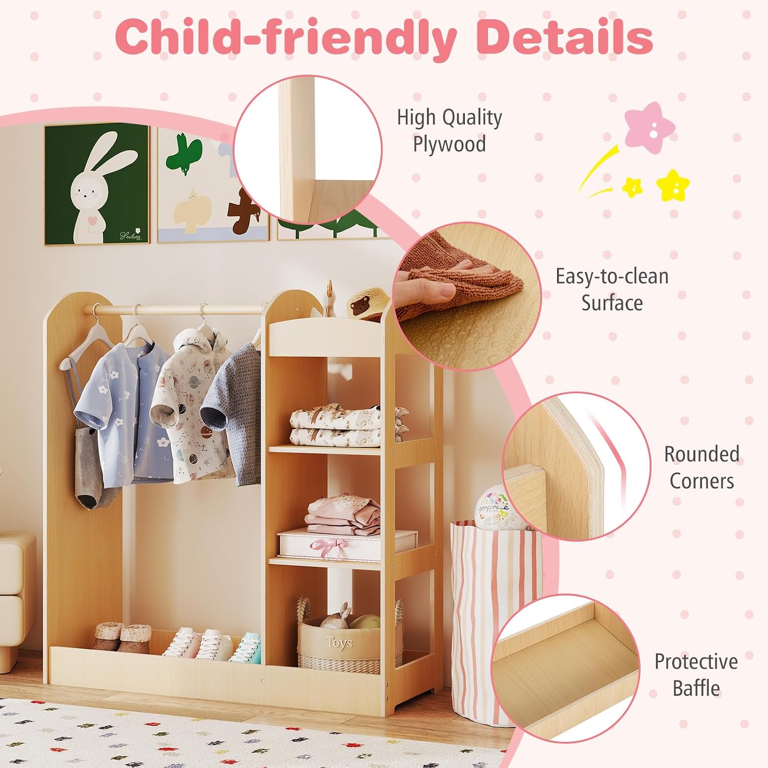 Costzon Kids Dress up Storage with Mirror, Clothes Rack, 3-Tier Shelves, Bottom Tray, Pretend Play Costume Dresser Organizer Center, Open Hanging Armoire Closet for Little Girls (Natural)