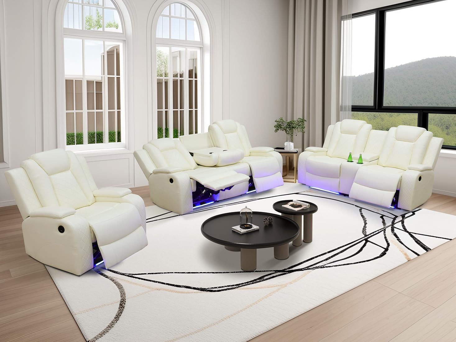 Power Reclining Sofa Sets, Living Room Furniture Sets, Breathing Leather Power Reclining Sofa, Loveseat, Chair with Cup Holders/Storage Console/LED Light for Living Room(Vanilla)