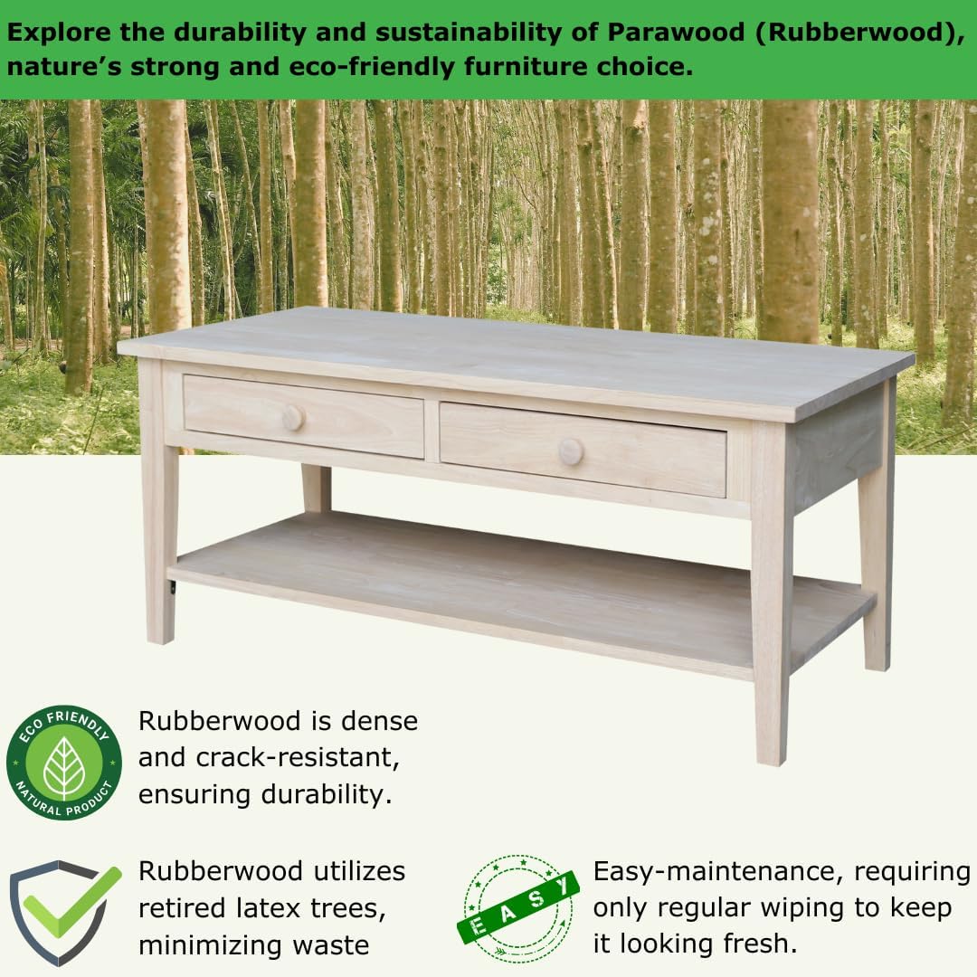 IC International Concepts, Spencer Coffee Table, Solid Wood, Real Parawood, 48' W x 24' D x 19' H, Easy Assembly, DIY, Paint or Stain Your Way, Unfinished