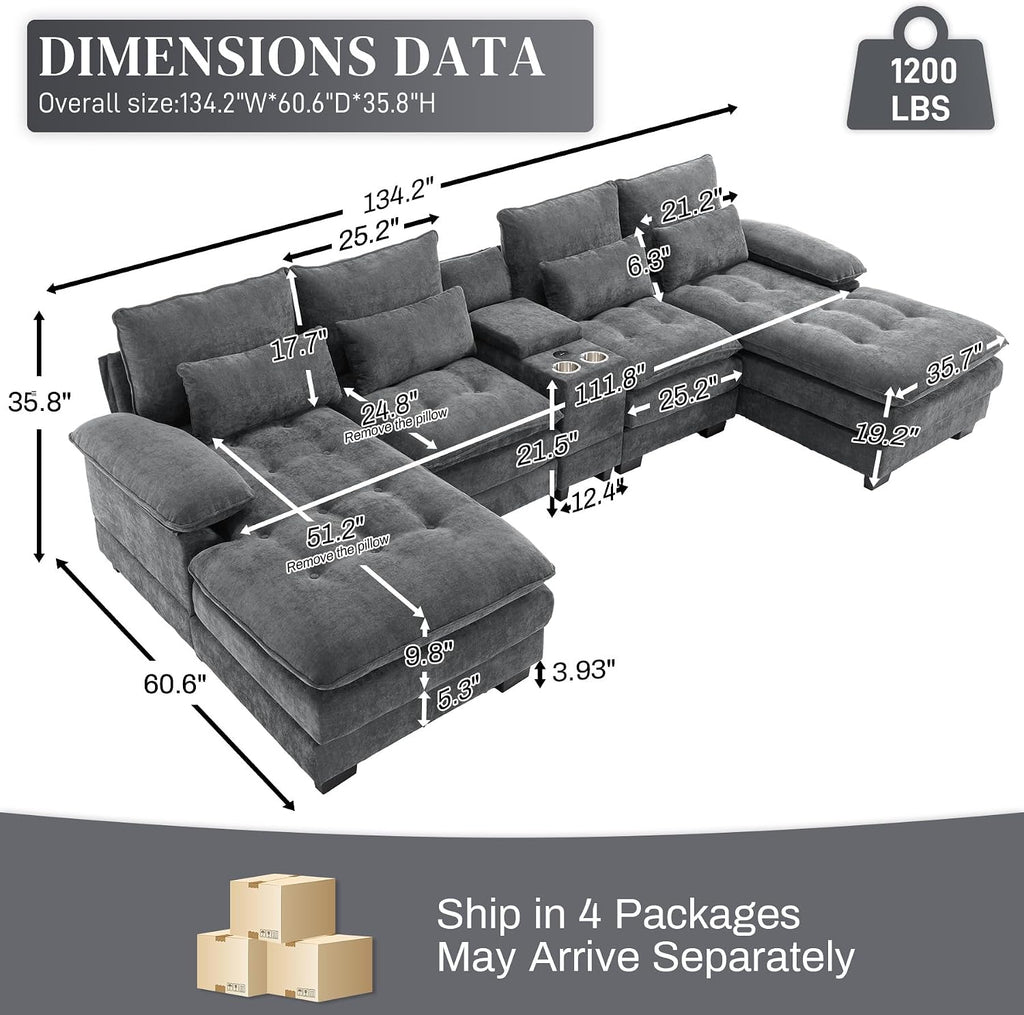 OUYESSIR 134' Oversized Grey Sectional Couches for Living Room,Fluffy Couch with Chaise Lounge&Tufted Buttons, U Shaped Living Room Sofa Set Furniture,Chenille 6 Seater Couch with Storage Console