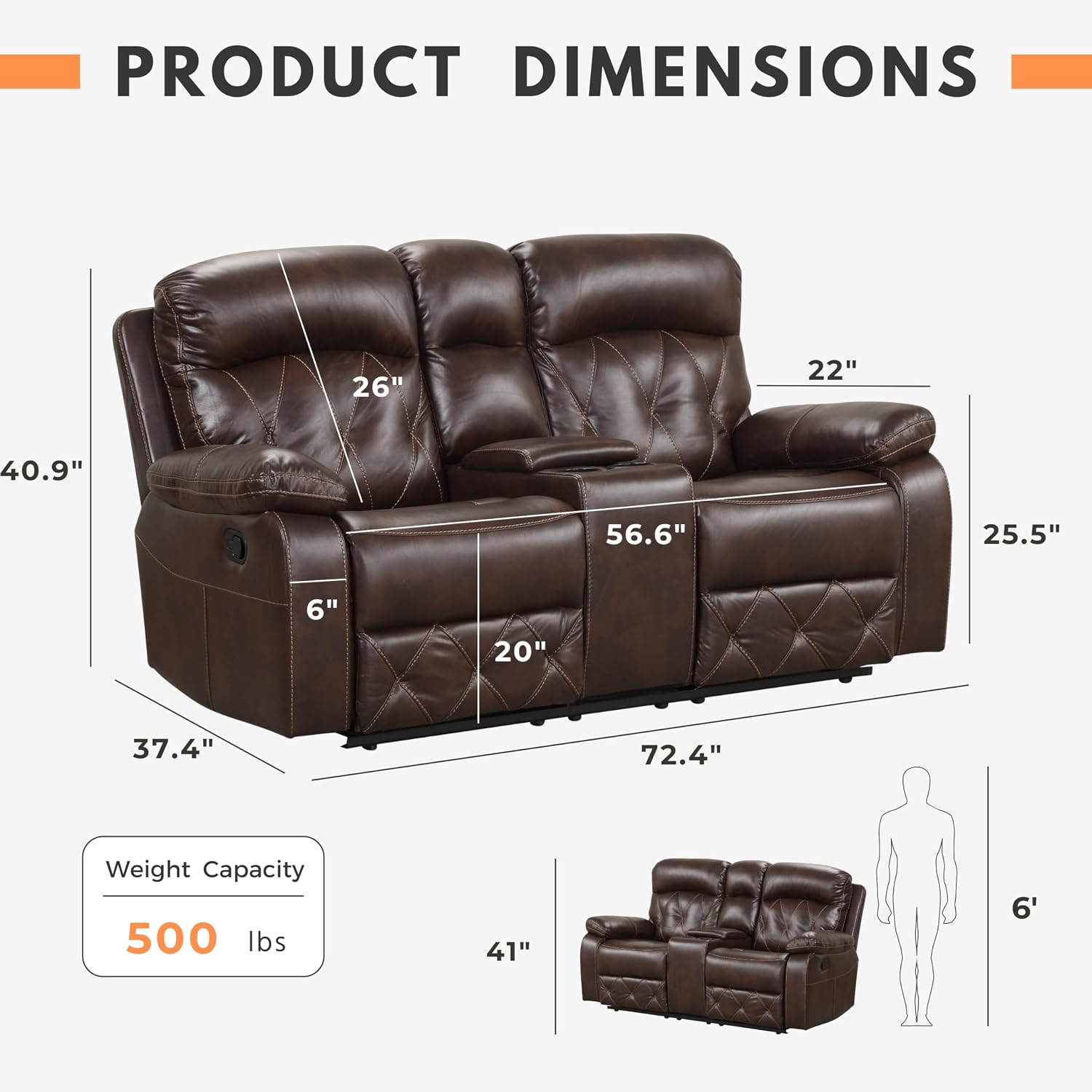 24/7 Shop at Home Skylar Transitional Breathable Leather Manual Recliner Loveseat with Fabric Lined Storage Console and Diamond Stitching for Living Room, Bedroom, Brown