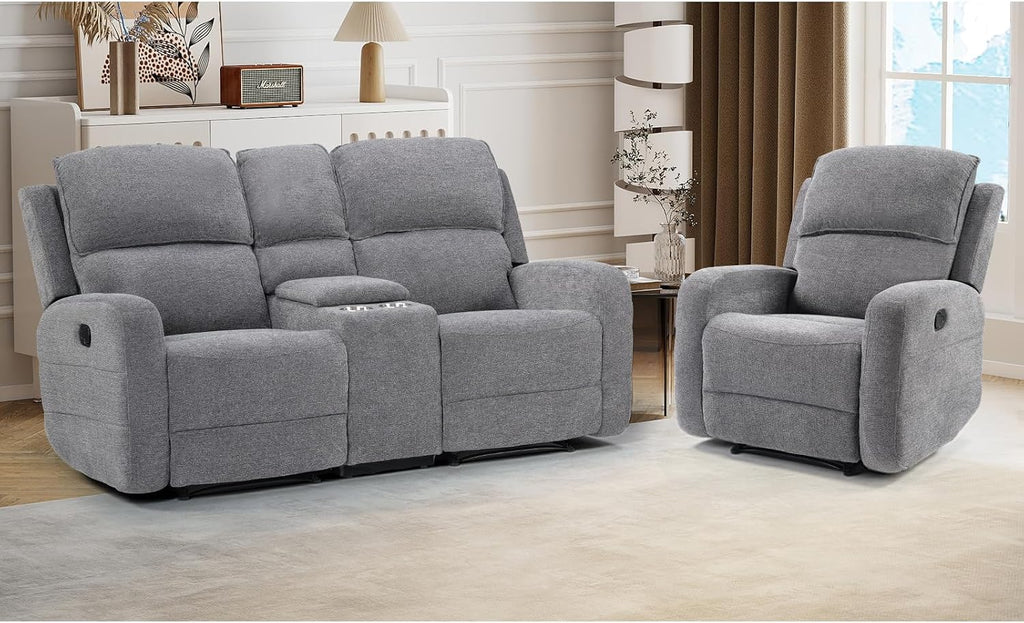 EBELLO Manual Living Room Furniture Reclining Couch Set, Soft Fabric Recliner Chair and Loveseat Sofa Couch for Meeting Room, Overstuffed Backrest(Recliner+Loveseat)
