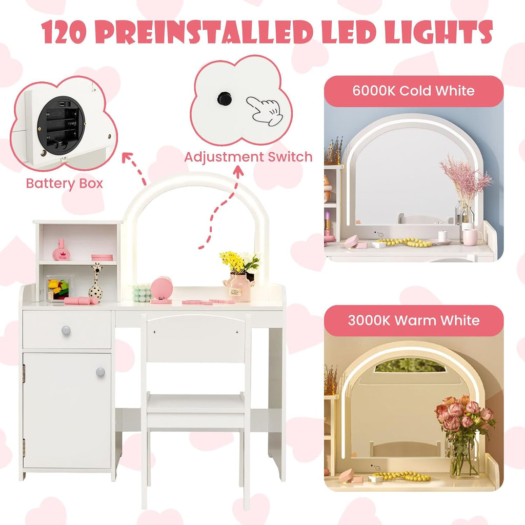 INFANS Kids Vanity, Princess Makeup Desk and Chair Set with Lights Mirror Drawer Storage Shelves, Wooden Dressing Table, Pretend Play Vanity Set for Girls