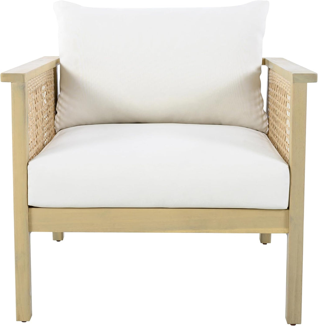 Christopher Knight Home Teras Acacia Wood Lounge Chair Outdoor Set of 2 with Removable Cushion, Solid Wood Patio Accent Chair with PE Wicker Accents, Patio Furniture Set Sofa Chair, Light Teak+Cream