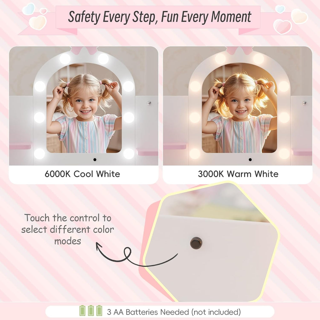 Girls Vanity with Lights, Kids Vanity Table and Chair Set for Princess, Toddler Makeup Vanity Desk with Open Bookshelf, Storage Cabinet & Side Shelves, Stools, White