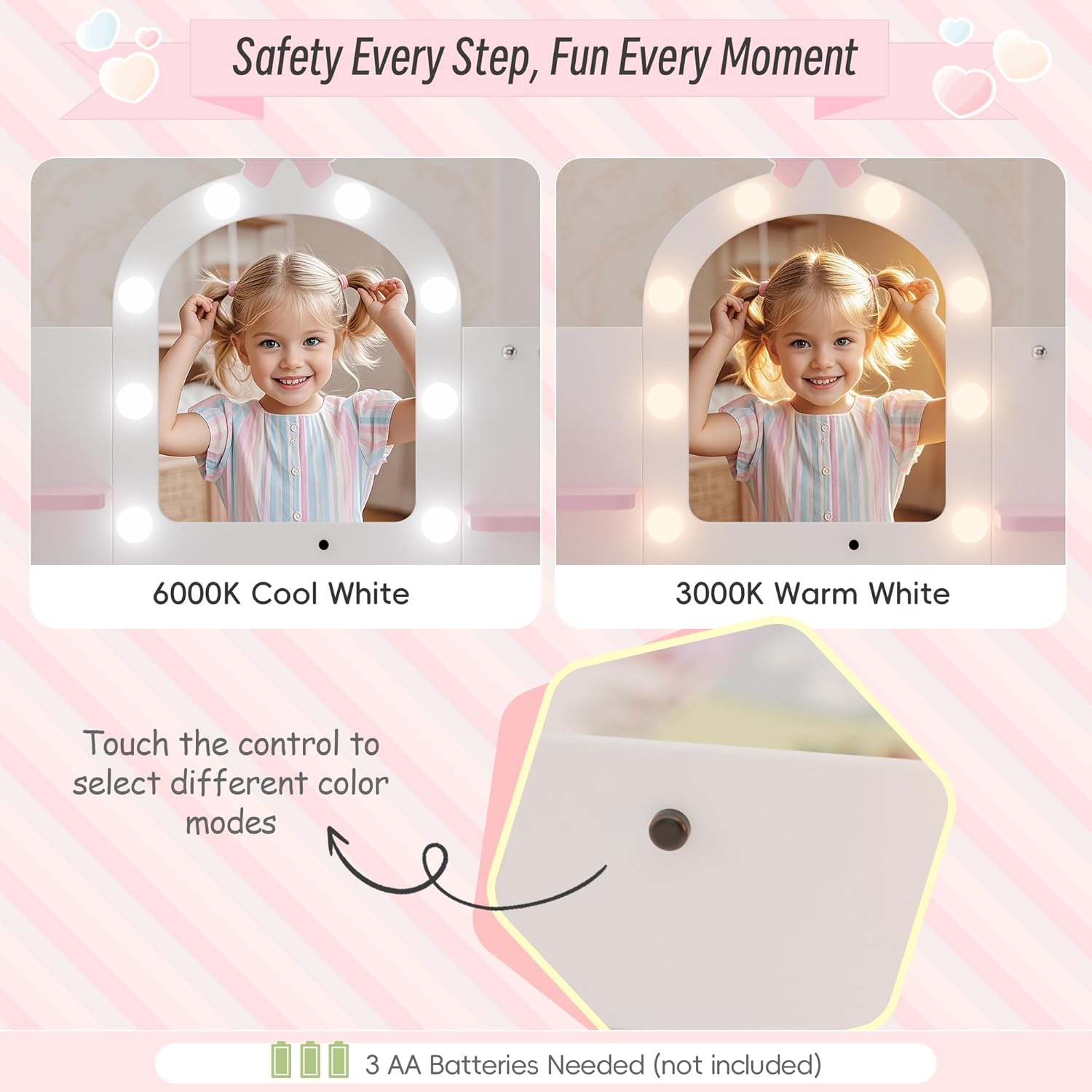 Girls Vanity with Lights, Kids Vanity Table and Chair Set for Princess, Toddler Makeup Vanity Desk with Open Bookshelf, Storage Cabinet & Side Shelves, Stools, White