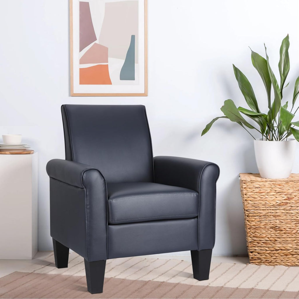 Mid-Century Modern Leather Accent Chairs Overstuffed Leather Living Room Chair Upholstered Comfortable Club Chair PU Leather Armchair for Bedroom Office Waiting Room -Dark Blue