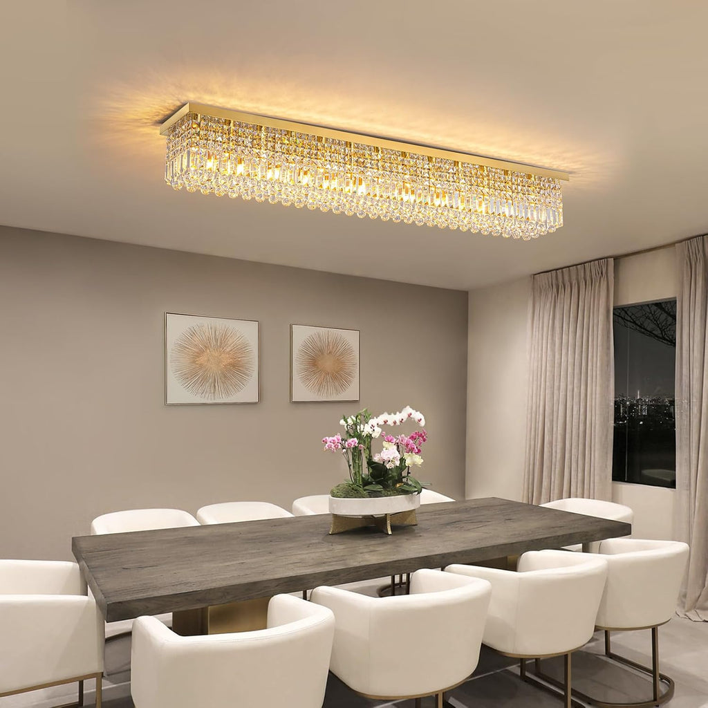 7PM Rectangular Chandelier, Modern Dining Room Light Fixture with Raindrop Chandelier Crystals, 13-Light Flush Mount Rectangle Chandelier for Dining Room, Living Room,Brass Finish L59'' x W10'' x H9''