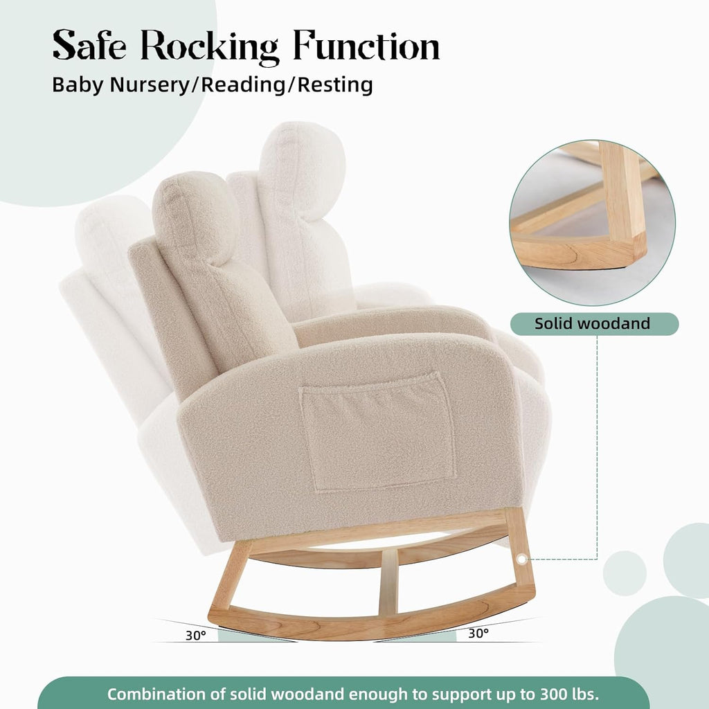 Garvee Teddy Fleece Nursery Rocking Chair,Upholstered Glider with 26' High Backrest, Padded Seat,Modern 300 Lbs Weight Capacity Accent Recliner for Living Room, Bedroom, Reading