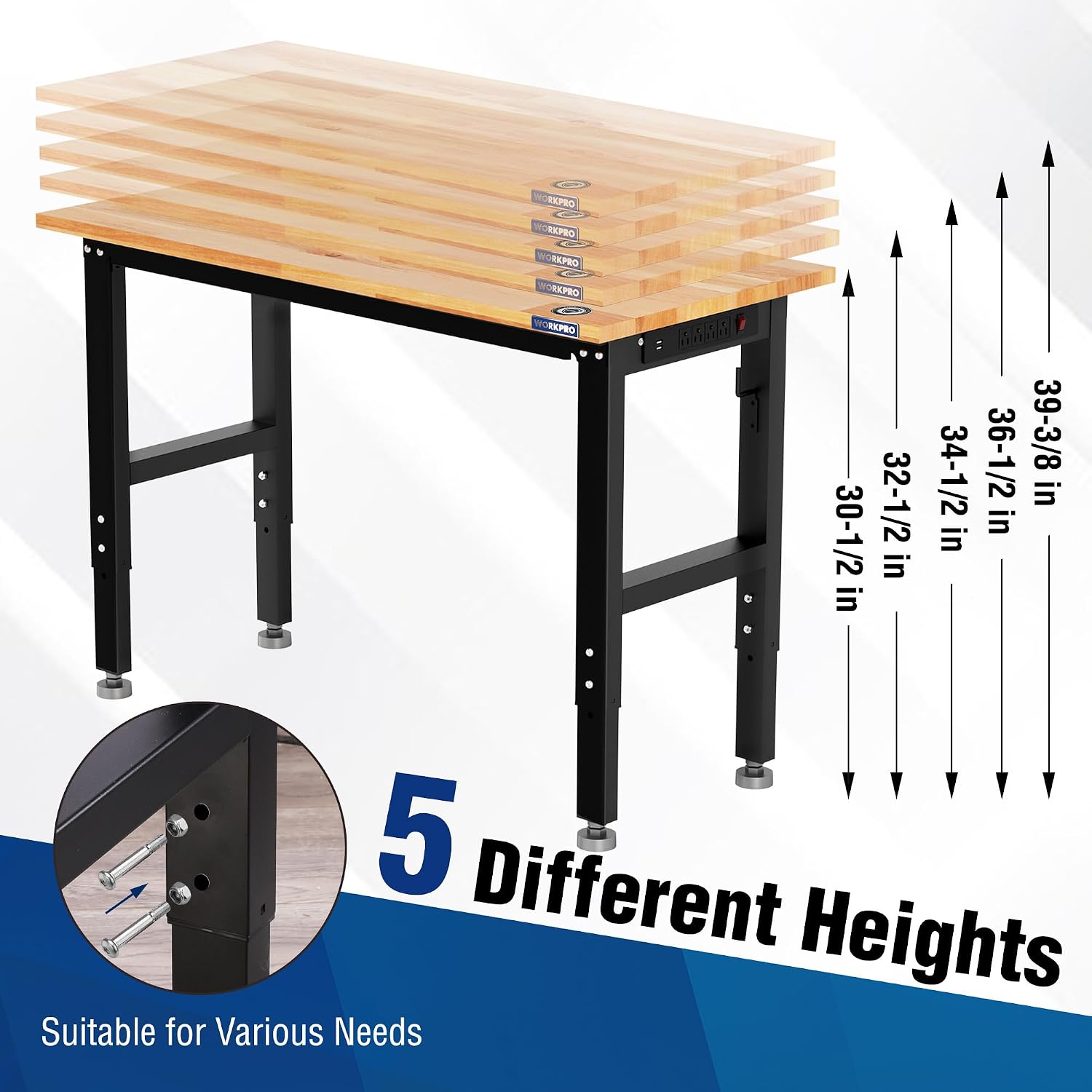 WORKPRO Adjustable Garage Workbench, 48'x22' Rubber Wood Top Heavy-Duty Work Desk with Power Outlets, Leveling Foot, 5 Heights, 1500 LBS Load Capacity Work Benches for Garage, Workshop