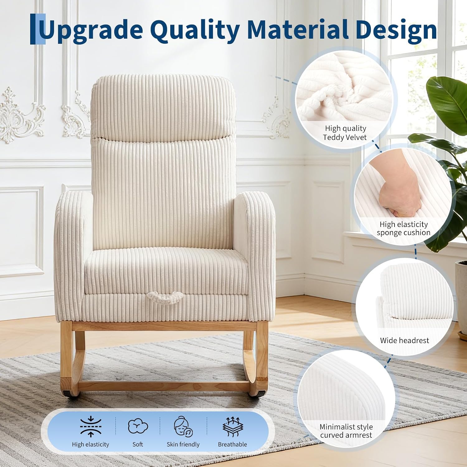 GarveeHome Corduroy Nursery Rocking Chair with Foot Rest,Upholstered Glider with 26' High Backrest, Padded Seat,Modern 300 Lbs Weight Capacity Accent Recliner for Living Room, Bedroom, Reading