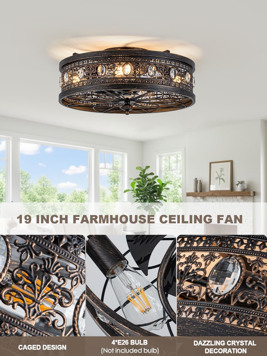 Bella Depot Caged Ceiling Fans with Lights,Vintage Victorian Rustic Crystal Fandelier,Low Profile Flush Mount, Farmhouse Ceiling Fan with Light and Remote for Bedroom,Kitchen,Dining Room