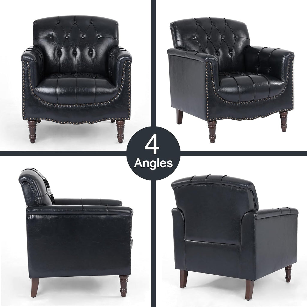 Lumibee Faux Leather Armchairs, Contemporary Accent Chairs Set of 2 with Nailhead Trims & Wood Legs for Living Room, Upholstered Comfy Arm Chairs for Office,Bedroom-Blue Black