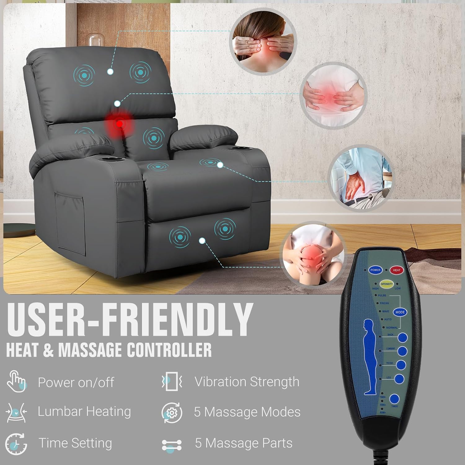 LEVELEVE Rocking Recliner Chair, Massage Rocker Recliner Chair with Vibration Massage and Heat, 360° Swivel Faux Leather Chairs, Living Room, Bedroom, Nursery, RV, Dark Grey