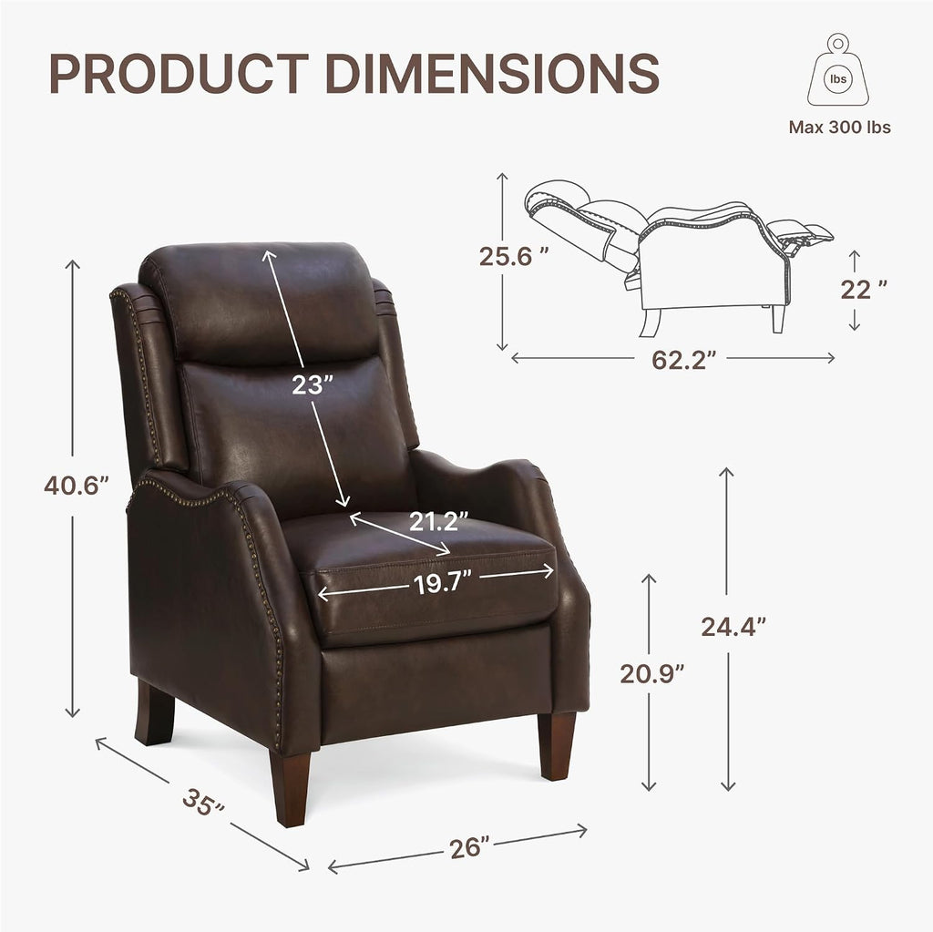 KISLOT Leather Pushback Recliner Faux Armchair with Rivet Decoration Single Sofa Accent Chair for Living Room Bedroom