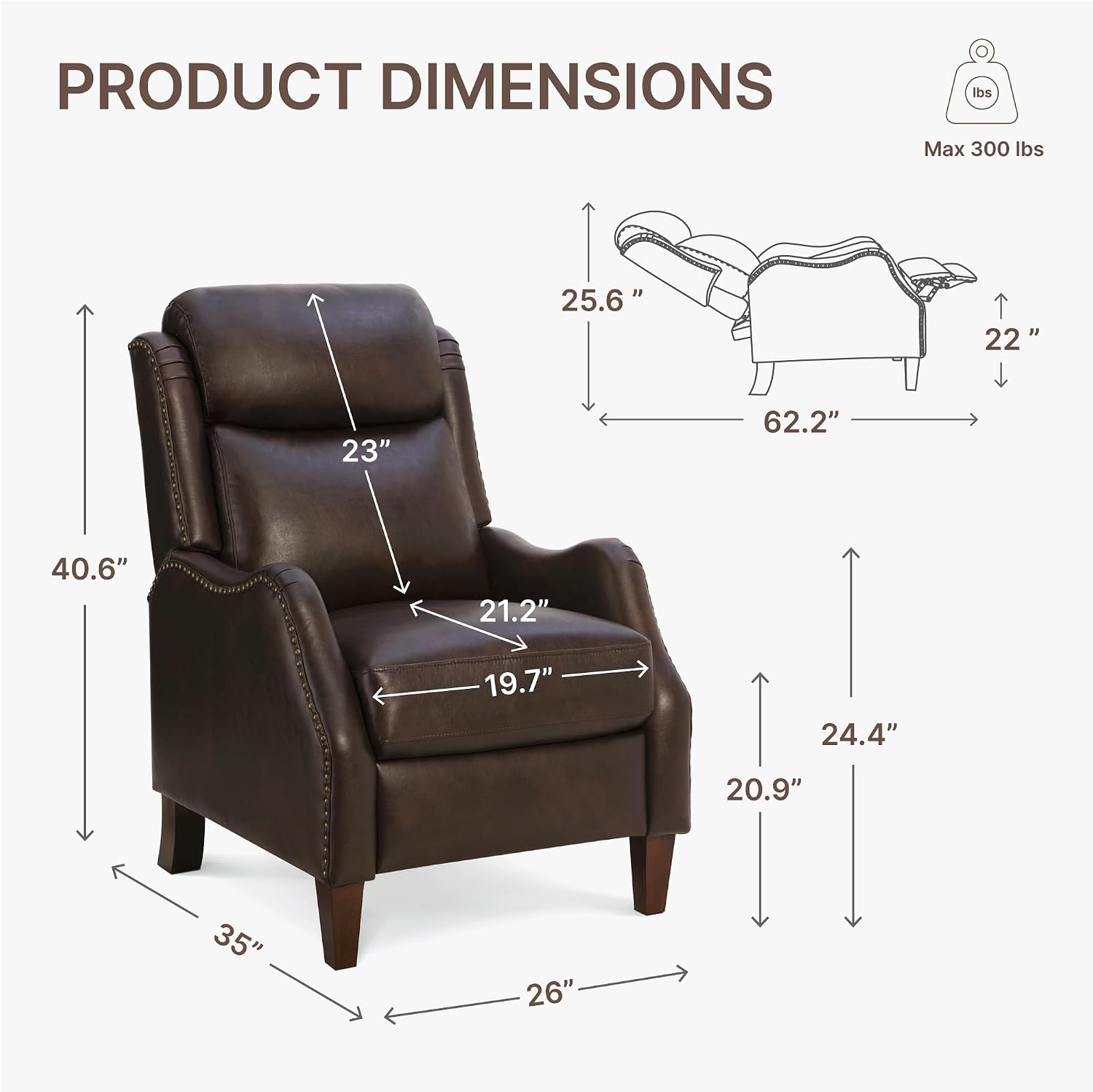 KISLOT Leather Pushback Recliner Faux Armchair with Rivet Decoration Single Sofa Accent Chair for Living Room Bedroom