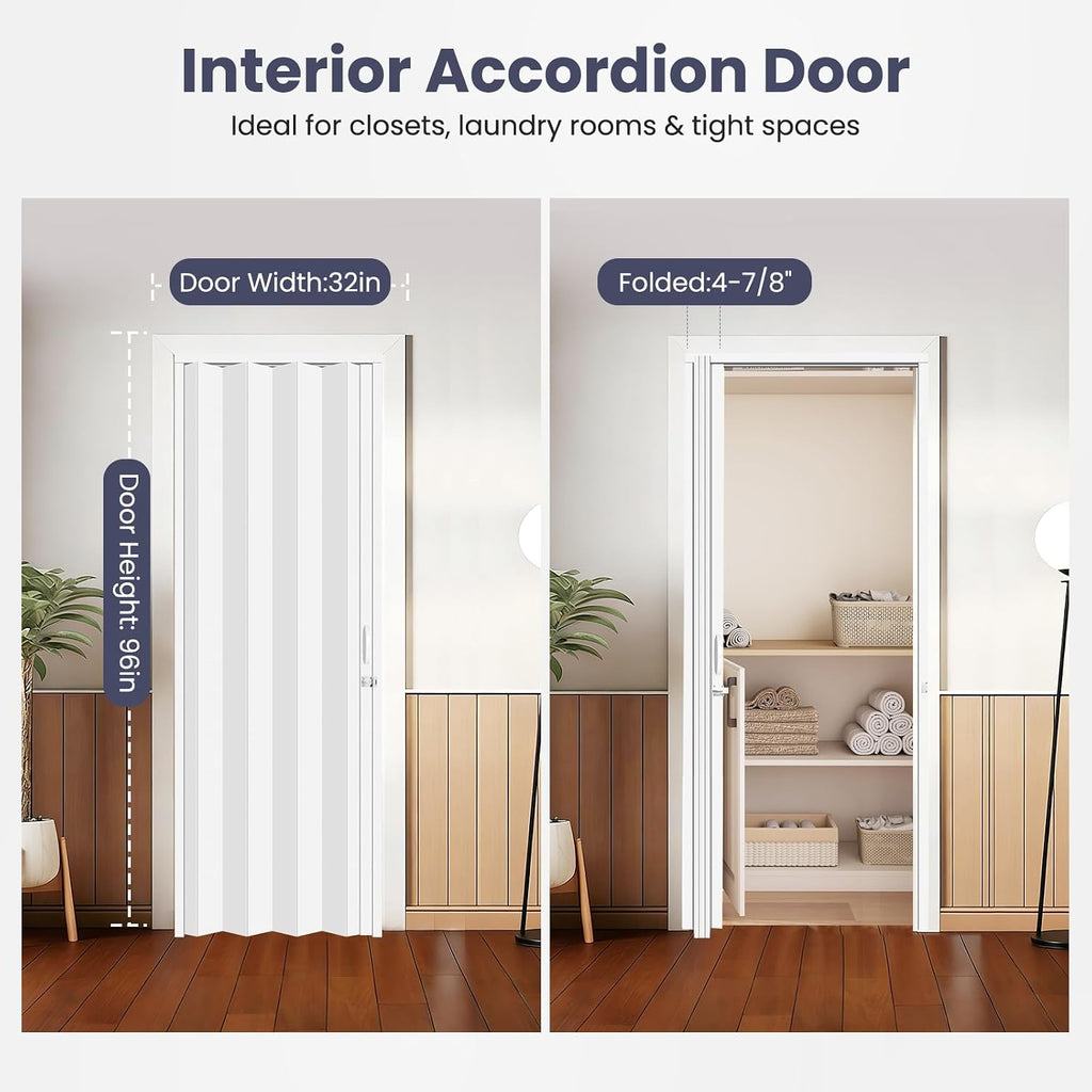 DIYHD 32X96 Accordion Door for Tall Openings, White Double Layer PVC Folding Interior Door with Track Kit, Space-Saving Closet Door, No Floor Track, Dual-Sided Handle & Latch, Easy Install