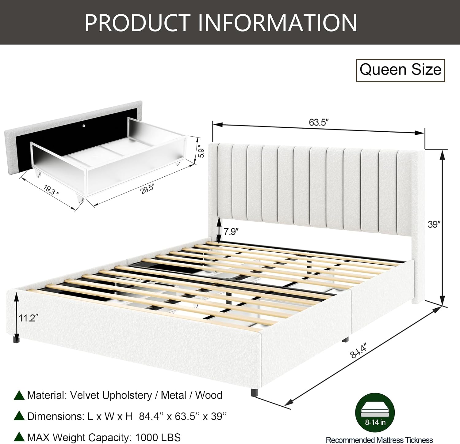 Queen Storage Bed Frame with 4 Patented Drawers - Luxury Ivory Boucle Upholstered Platform Bed, Vertical Channel Tufted Headboard, 1000lbs Heavy Duty, No Box Spring Needed