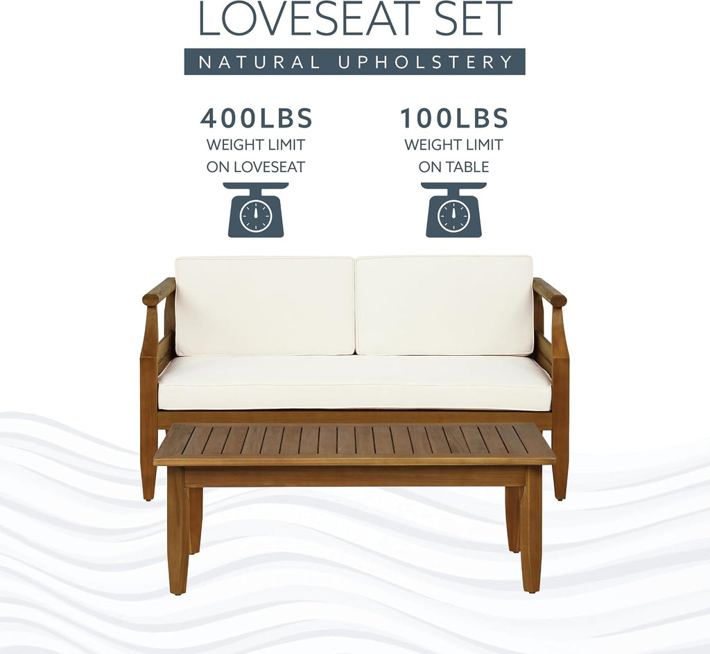 Linon Harbor Oiled Acacia Wood Two Piece Outdoor Set with Revmoable Cream Cushions Includes Loveseat and Coffee Table