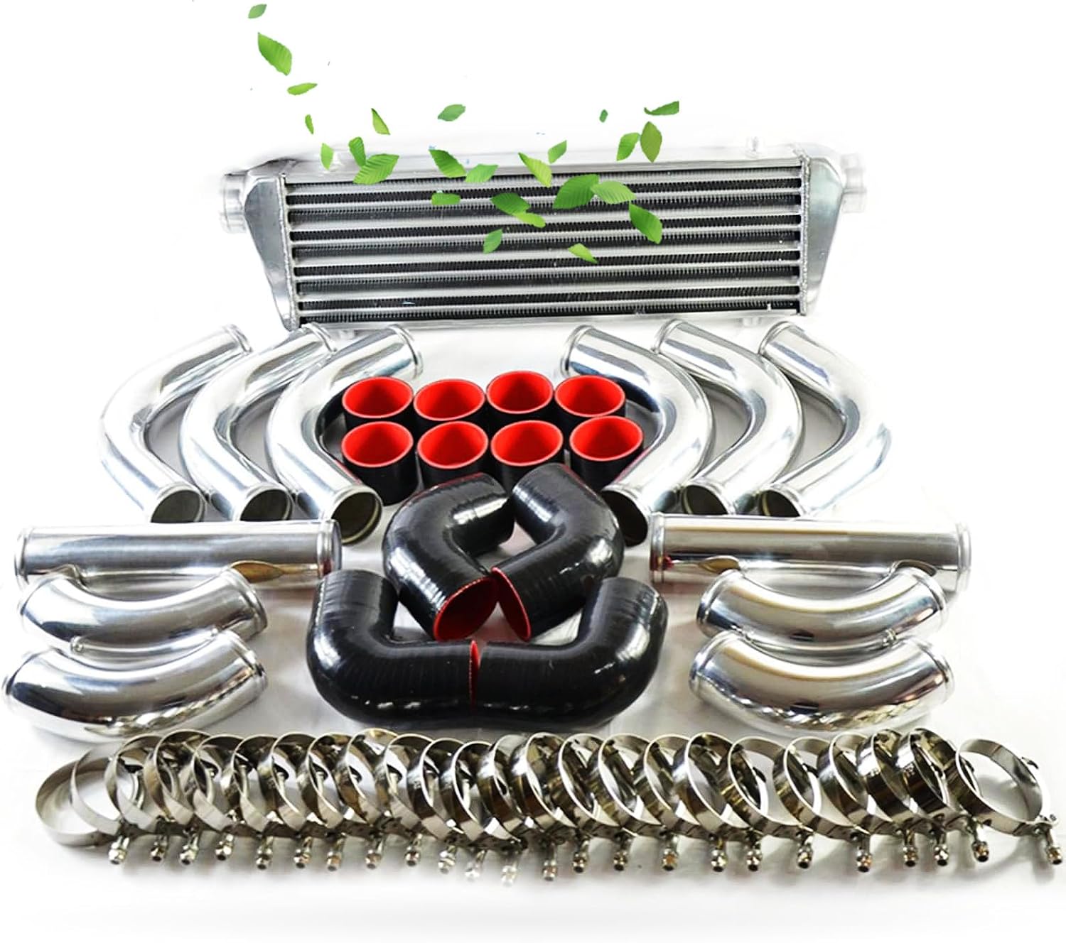 SUNROAD 28' x 7' x 2.5' Universal Turbo Intercooler with 1 Intercooler + 12pcs 2.5' Coupler Hoses + 12pcs Chrome + 24pcs T-Bolt Clamps, Silver Black