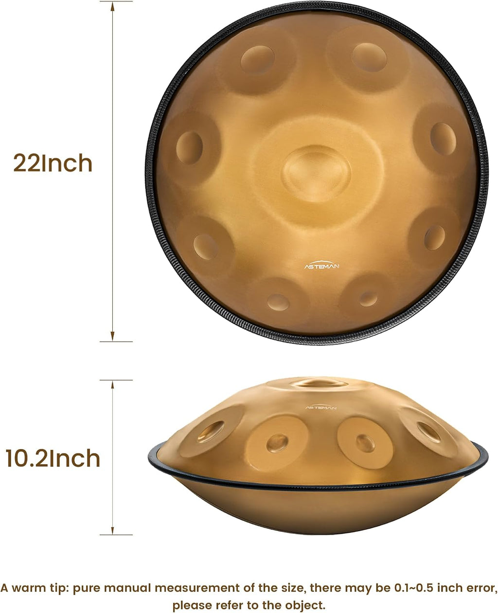 AS TEMAN HANDPAN Drum D minor 9 notes 22 inches, 432Hz, with gold finish, carrying bag, stand, cleaning cloth, drumstick.