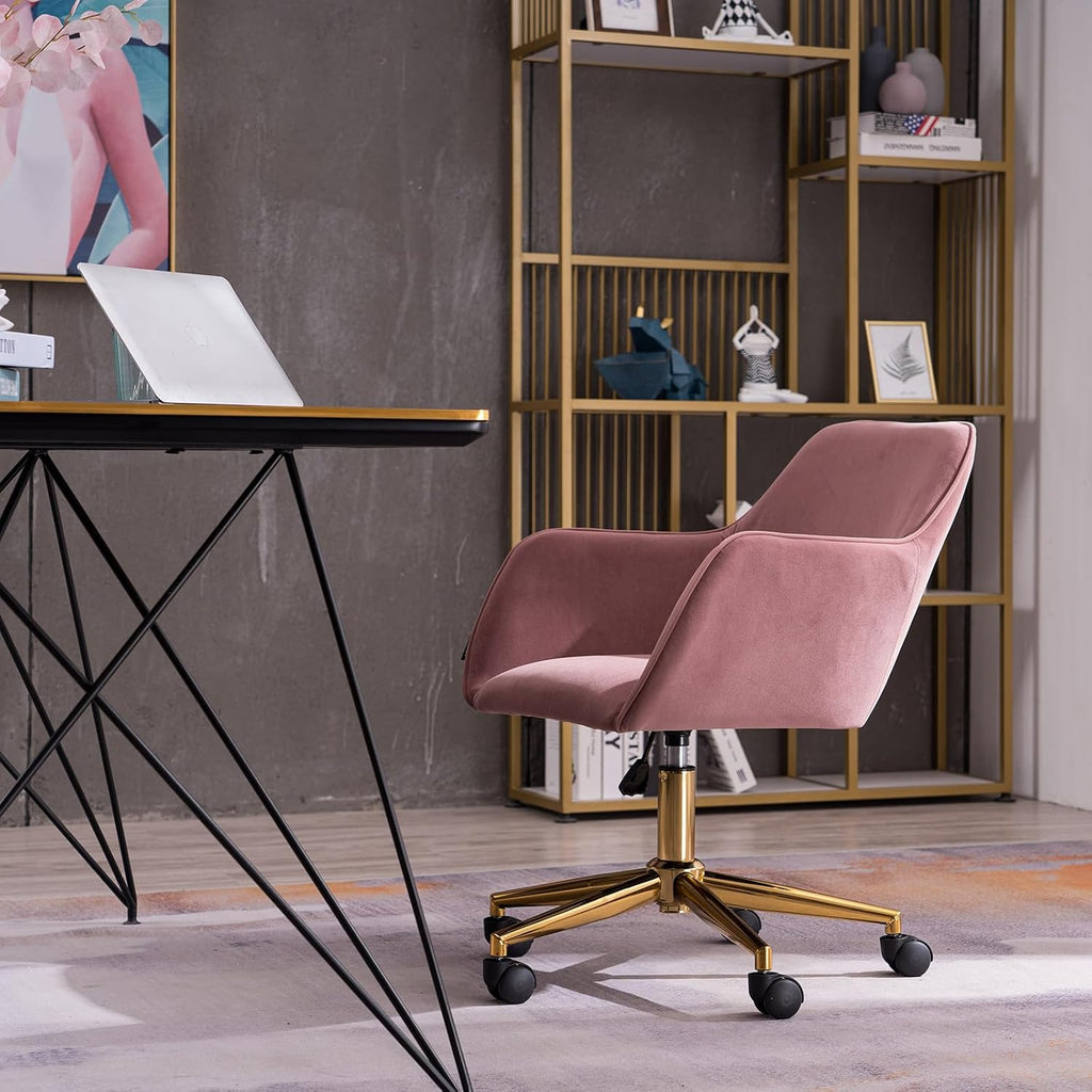 Modern Velvet, Height Adjustable, 360° Swivel Office Chair, Upholstered Cosmetic Dresser Armchair with Metal Feet and Backrest, Bedroom Furniture Pink