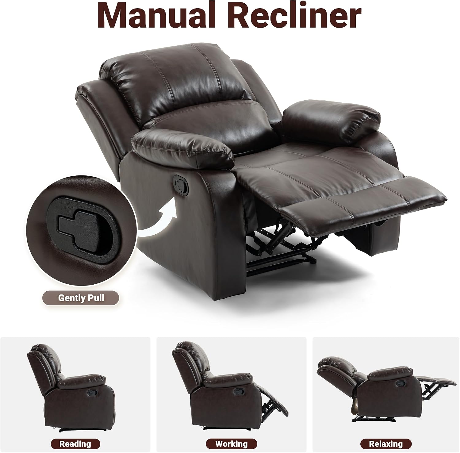 Manual Recliner Chair, Adjustable Push Back Leather Reclining for Living Room, Reddish Brown